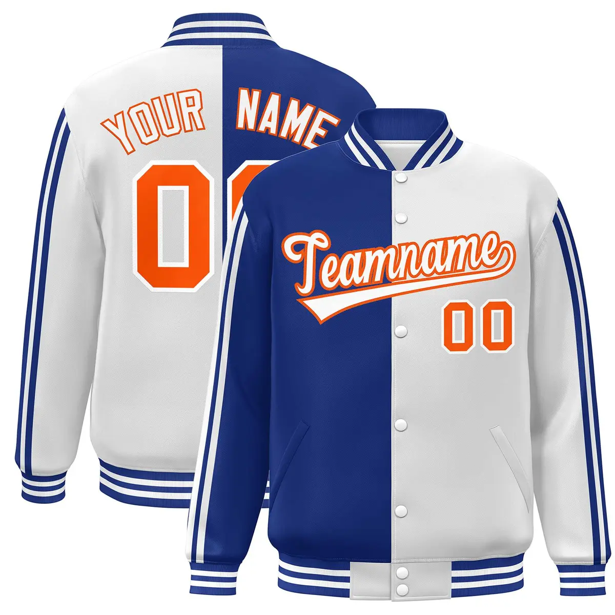 White Royal-Orange Two Tone Color Block Varsity Baseball Bomber Jacket