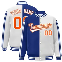 White Royal-Orange Two Tone Color Block Varsity Baseball Bomber Jacket