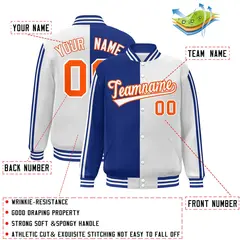 White Royal-Orange Two Tone Color Block Varsity Baseball Bomber Jacket 2