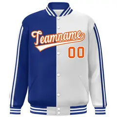 White Royal-Orange Two Tone Color Block Varsity Baseball Bomber Jacket 3