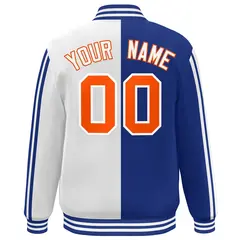 White Royal-Orange Two Tone Color Block Varsity Baseball Bomber Jacket 4