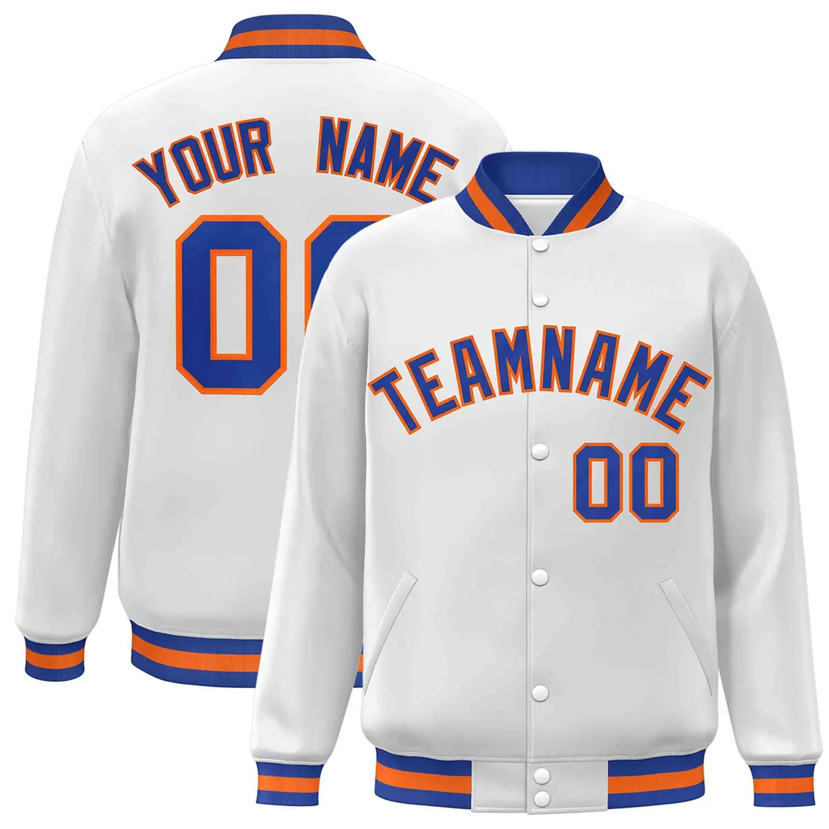 White Royal-Orange Varsity Full-Snap Letterman Jacket