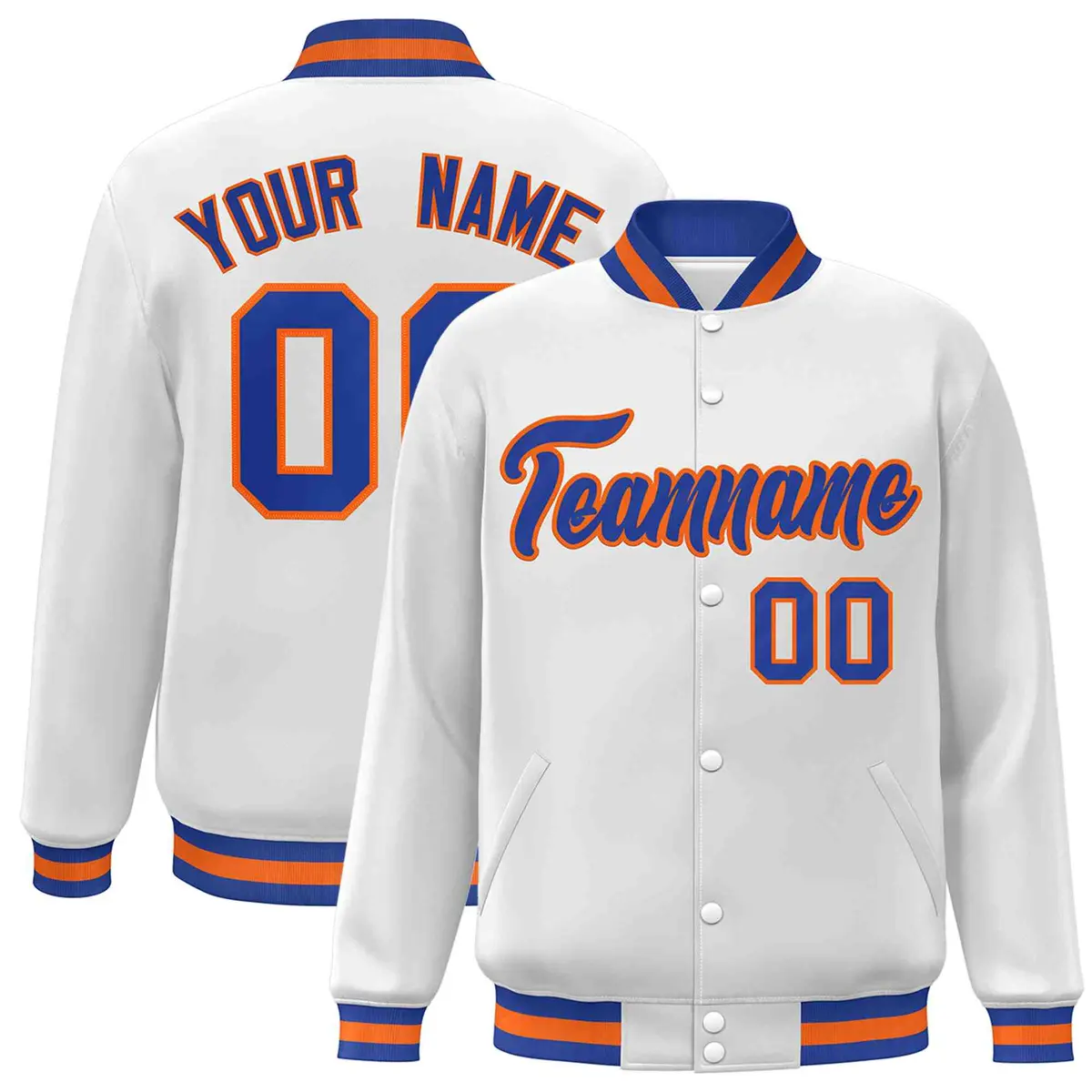 White Royal-Orange Varsity Full-Snap Letterman Jacket