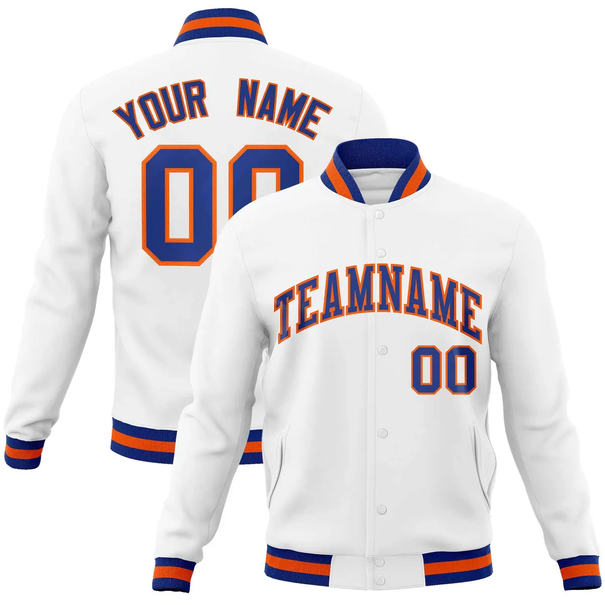 White Royal-Orange Varsity Full-Snap Letterman Jacket