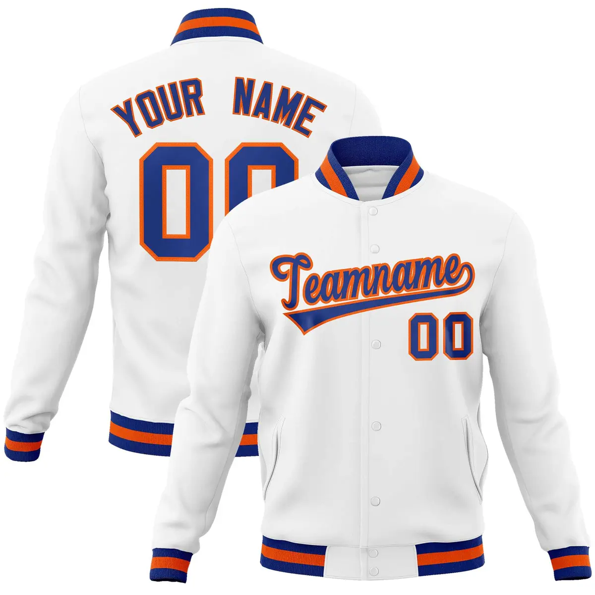White Royal-Orange Varsity Full-Snap Letterman Jacket