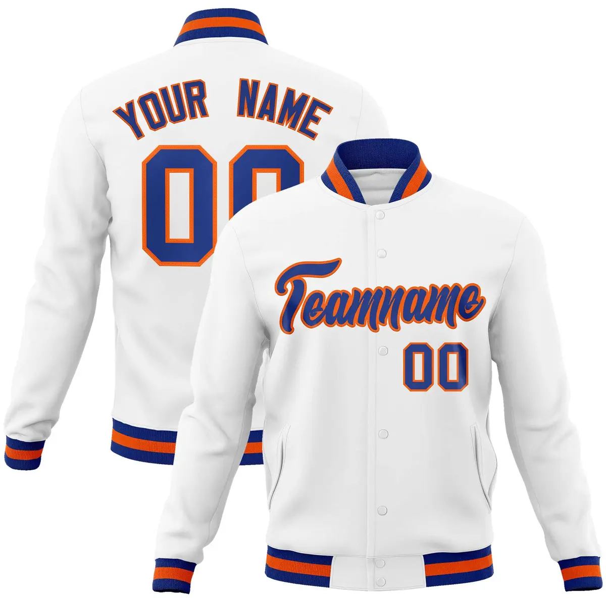 White Royal-Orange Varsity Full-Snap Letterman Jacket