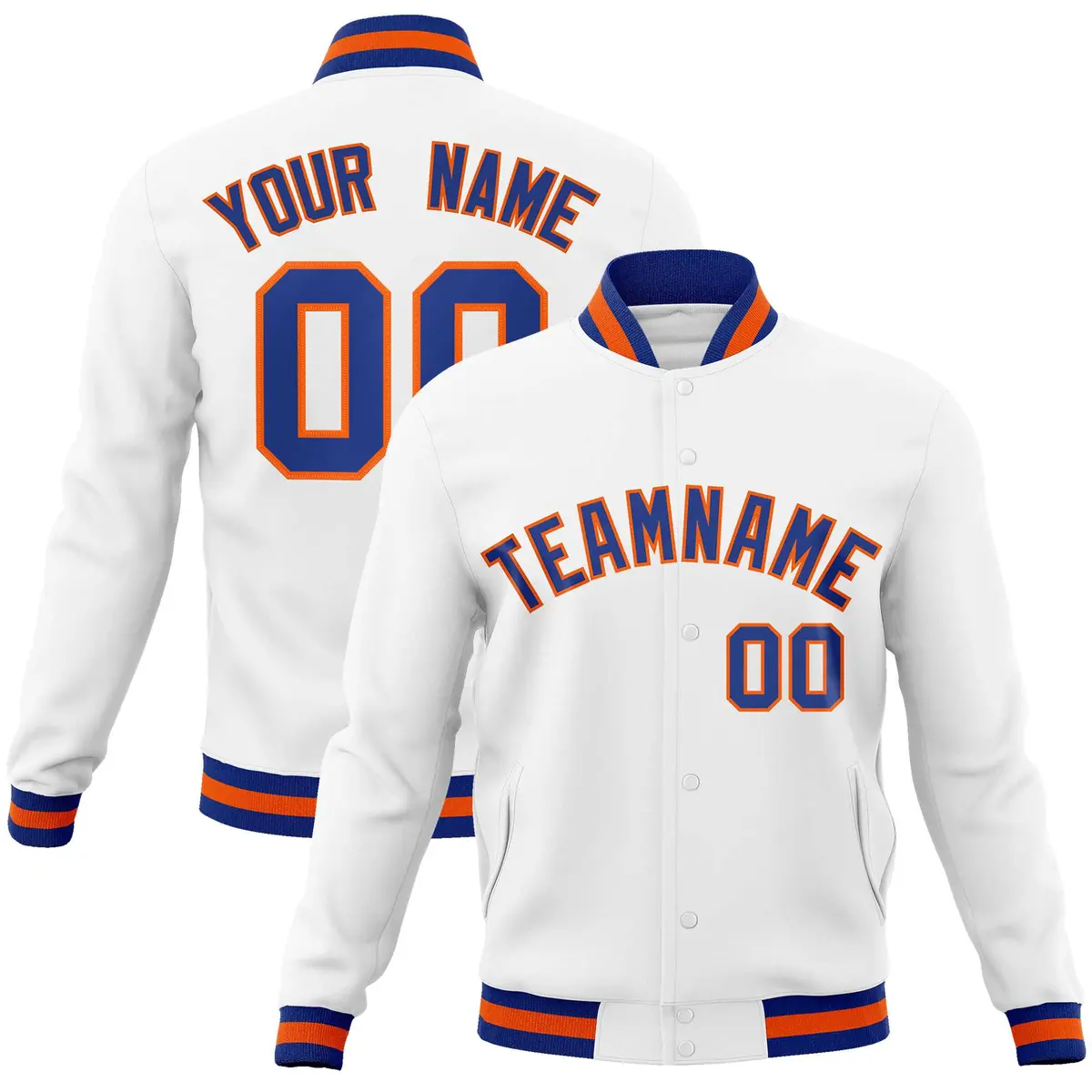 White Royal-Orange Varsity Full-Snap Letterman Jacket