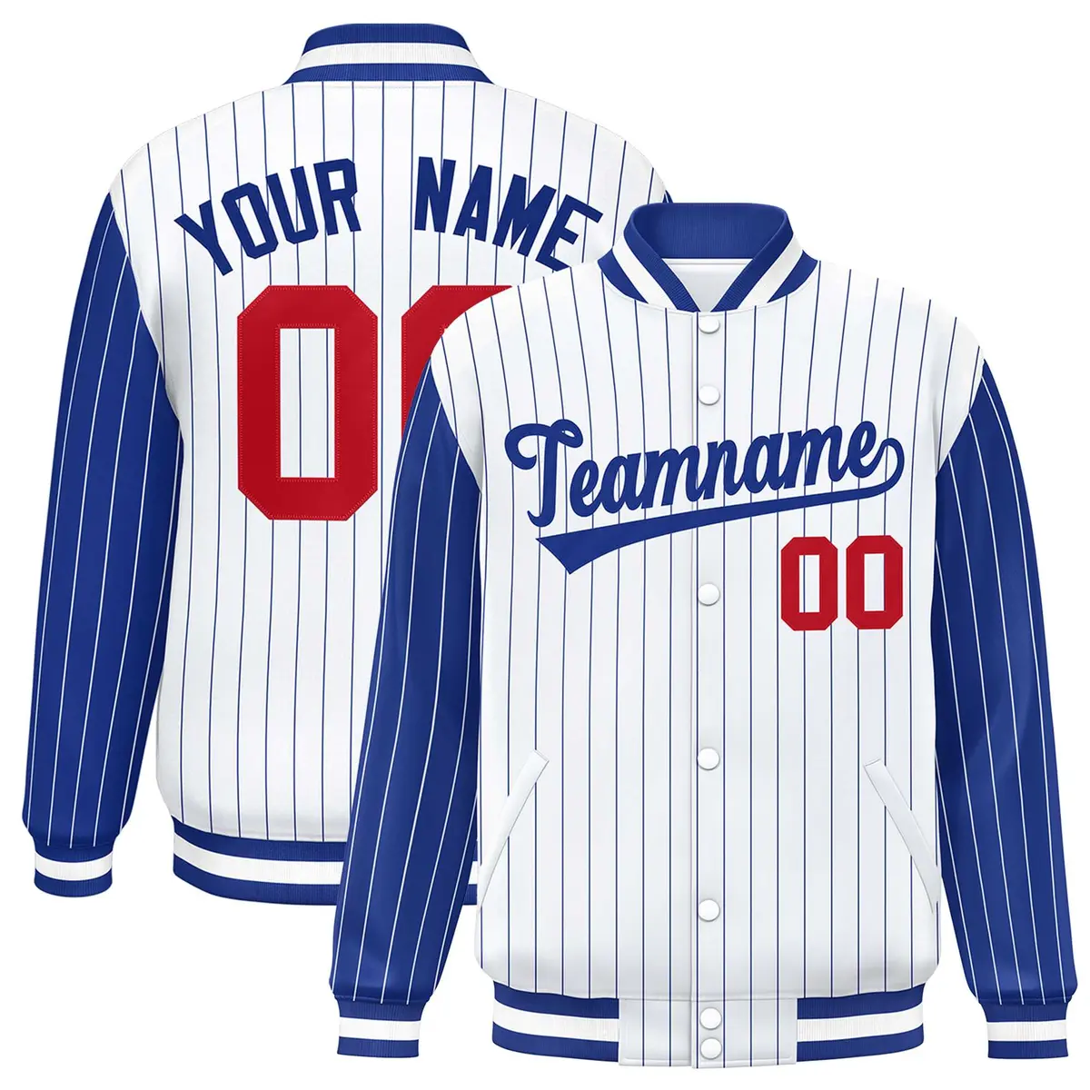 White Royal Pinstripe Raglan Varsity Letterman Baseball Jacket
