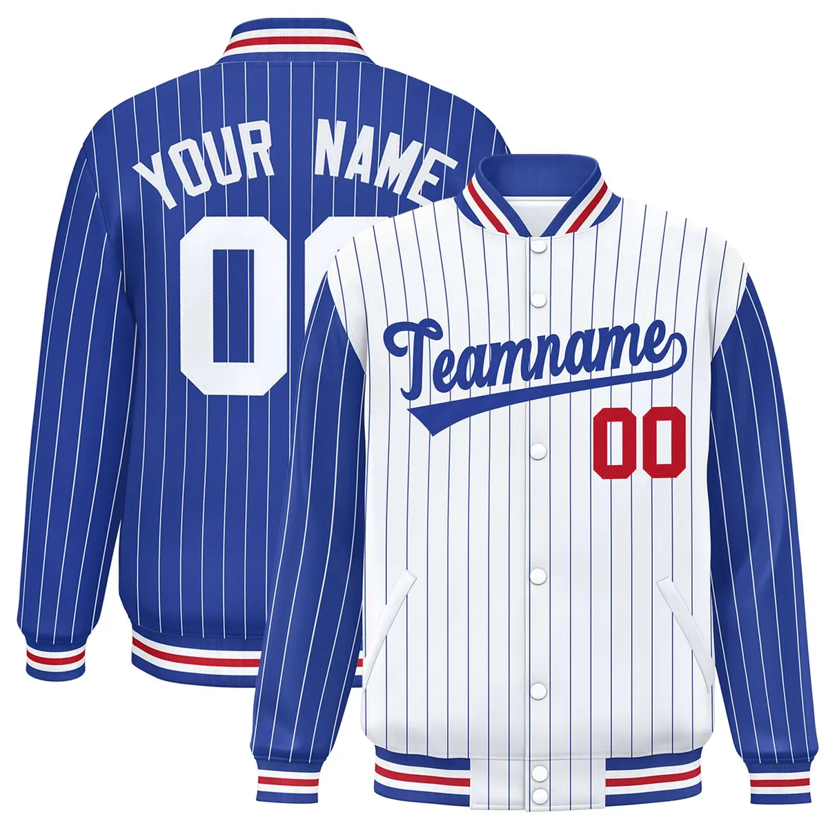 White Royal Pinstripe Raglan Varsity Letterman Baseball Jacket