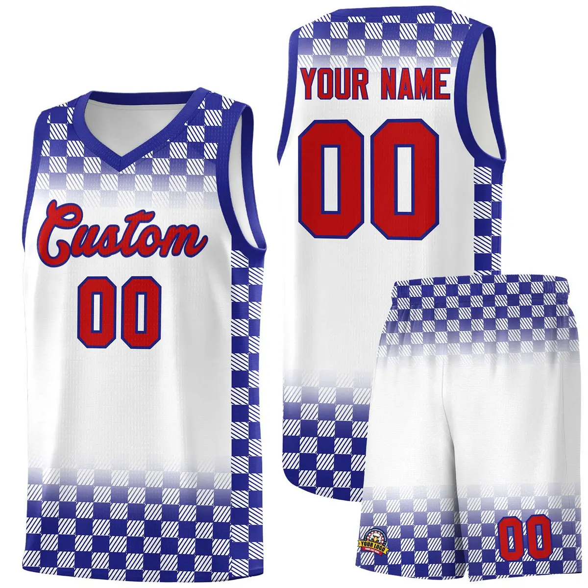 White Royal Plaid Pattern Basketball Jersey Sports Uniform