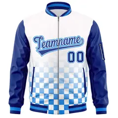 White Royal-Powder Blue Grid Color Block Letterman Raglan Jacket 3