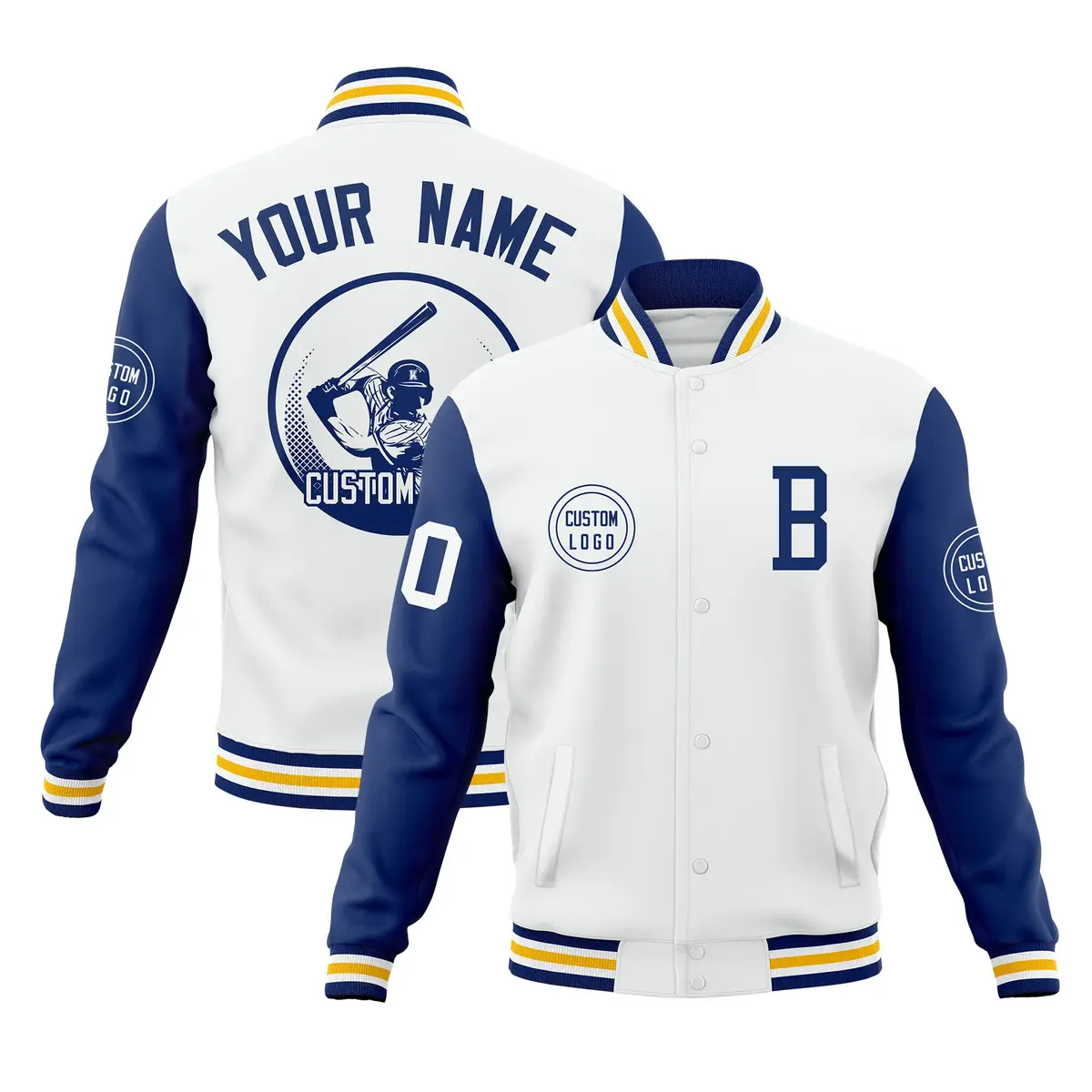 White Royal Raglan Full-Snap Varsity Letterman Baseball Jacket