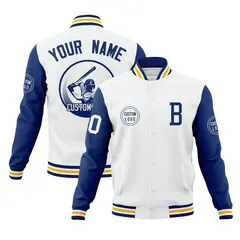 White Royal Raglan Full-Snap Varsity Letterman Baseball Jacket
