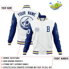 White Royal Raglan Full-Snap Varsity Letterman Baseball Jacket 4