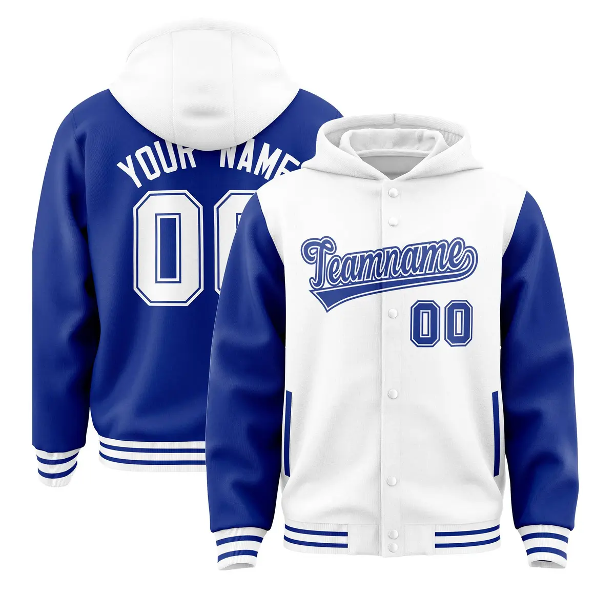 White Royal Raglan Full-Snap Varsity Letterman Two Tone Hoodie Jacket