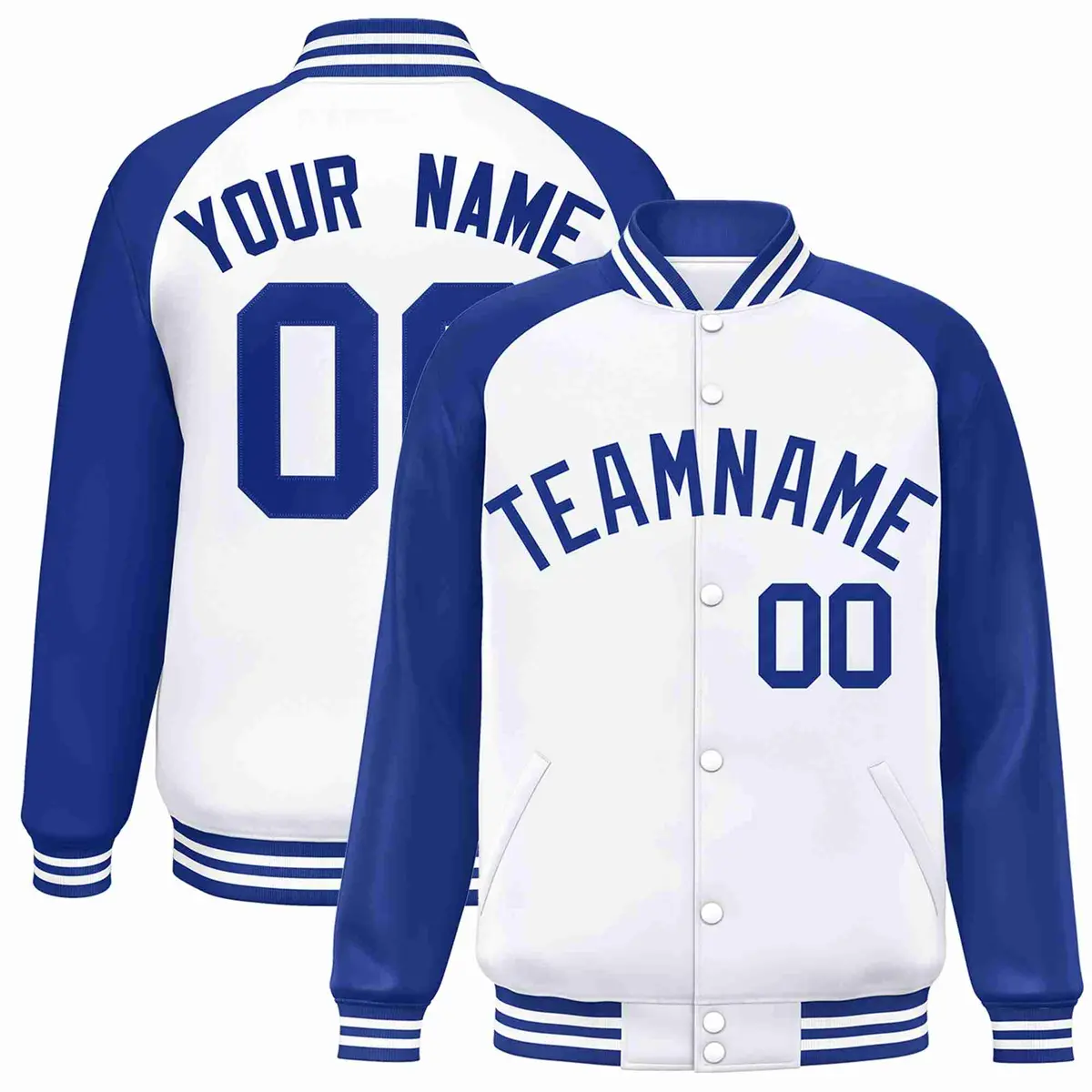 White Royal Raglan Varsity Full-Snap Letterman Jacket