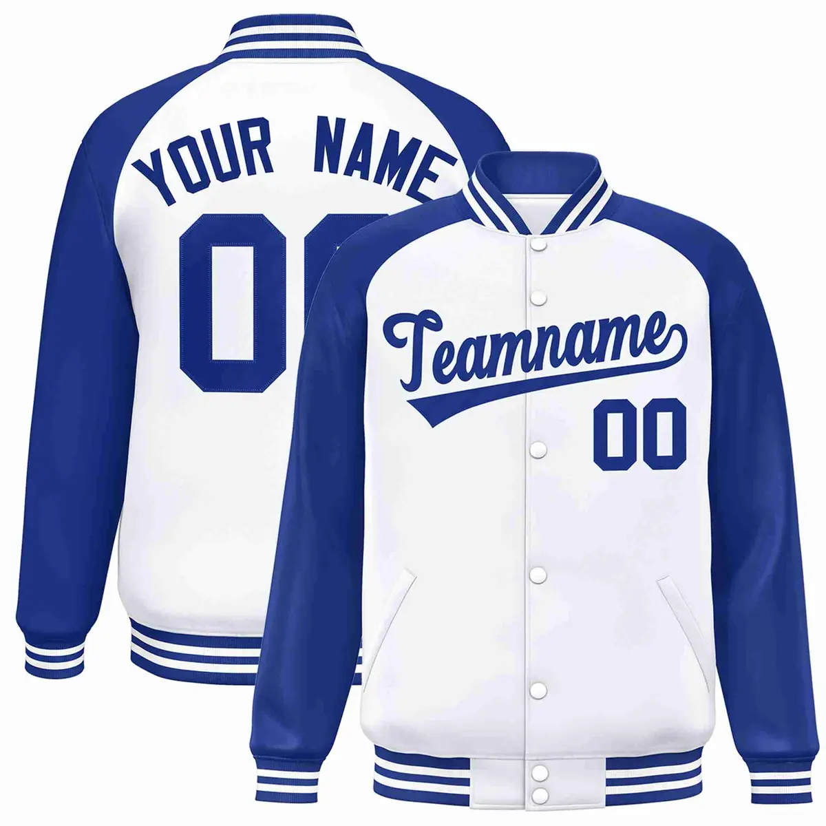 White Royal Raglan Varsity Full-Snap Letterman Jacket