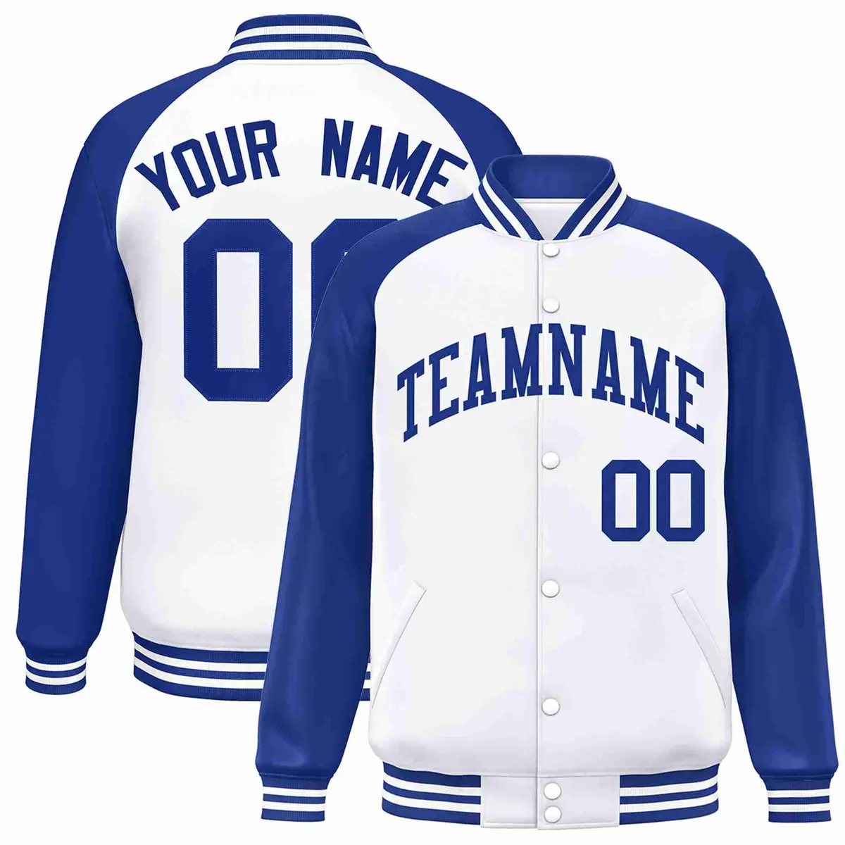White Royal Raglan Varsity Full-Snap Letterman Jacket
