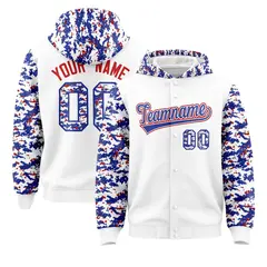White Royal-Red Camo Raglan Varsity Letterman Hoodie Jacket