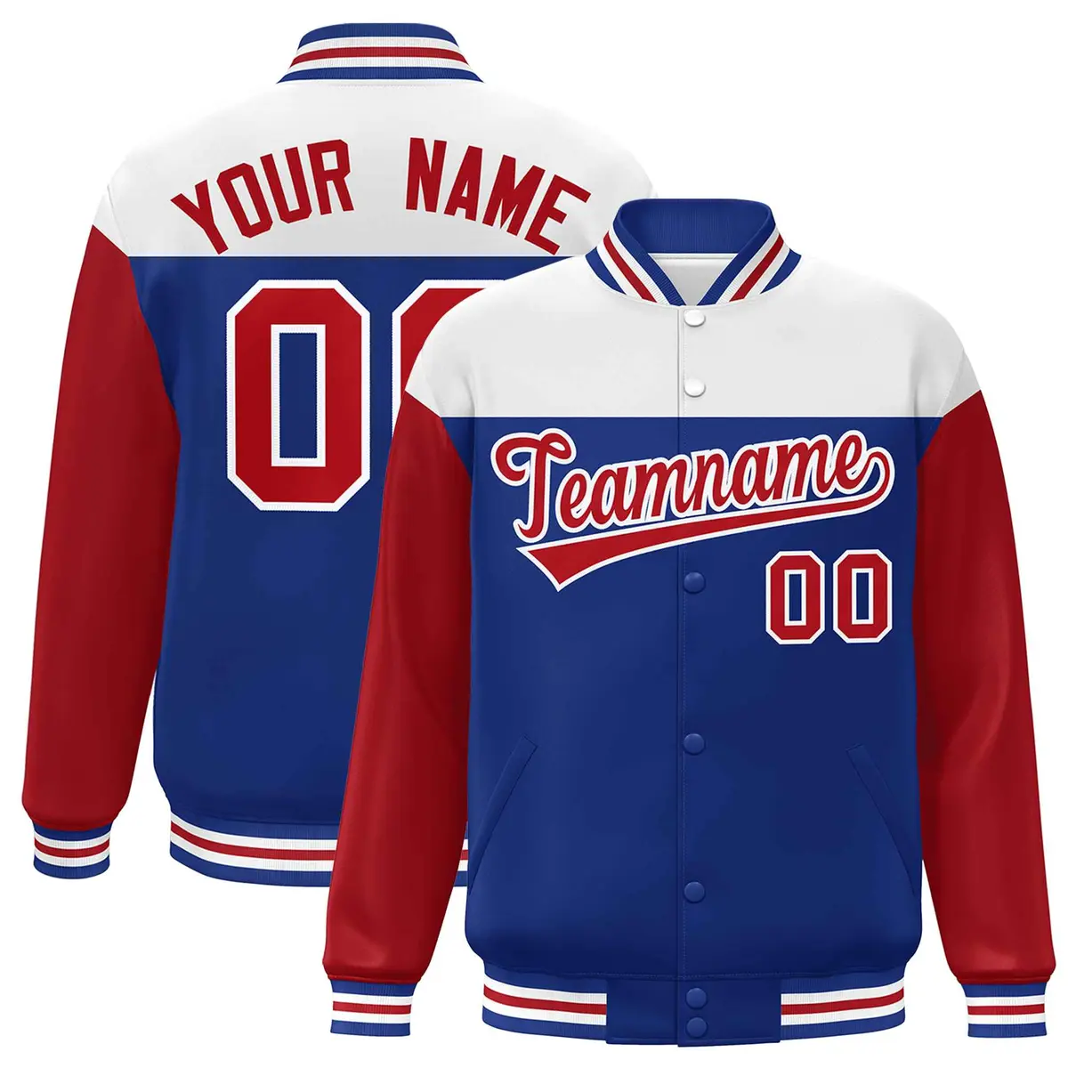 White Royal-Red Color Block Letterman Varsity Baseball Jacket