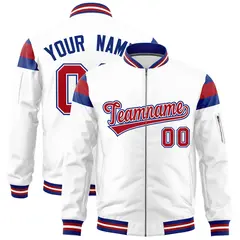 White Royal-Red Full-Zip Shoulder Color Block Varsity Letterman Bomber Jacket