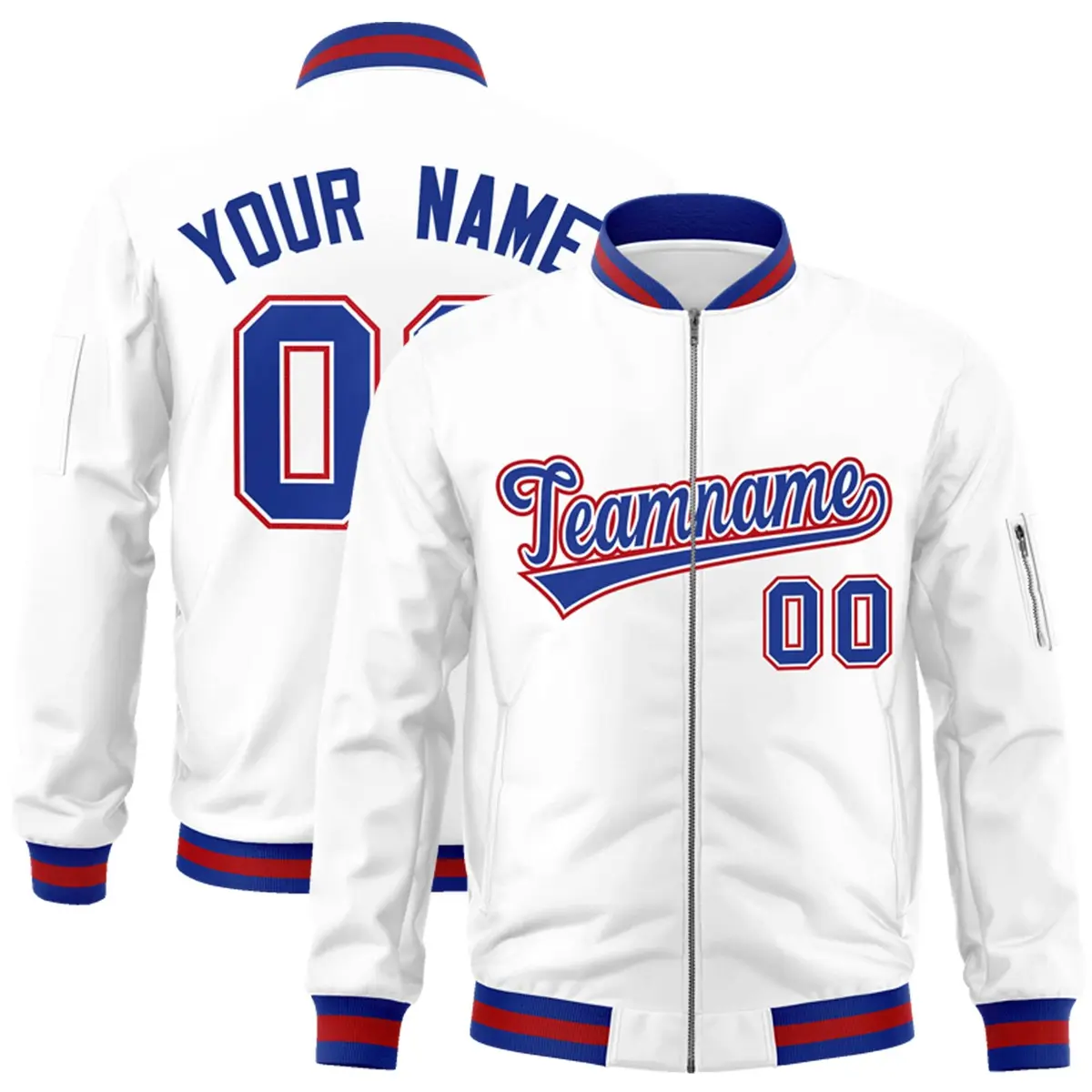 White Royal-Red Full-Zip Varsity Letterman Bomber Jacket
