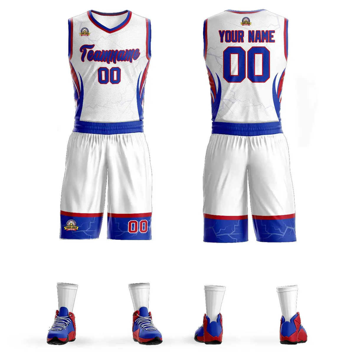 White Royal Red Graffiti Lightning Basketball Jersey