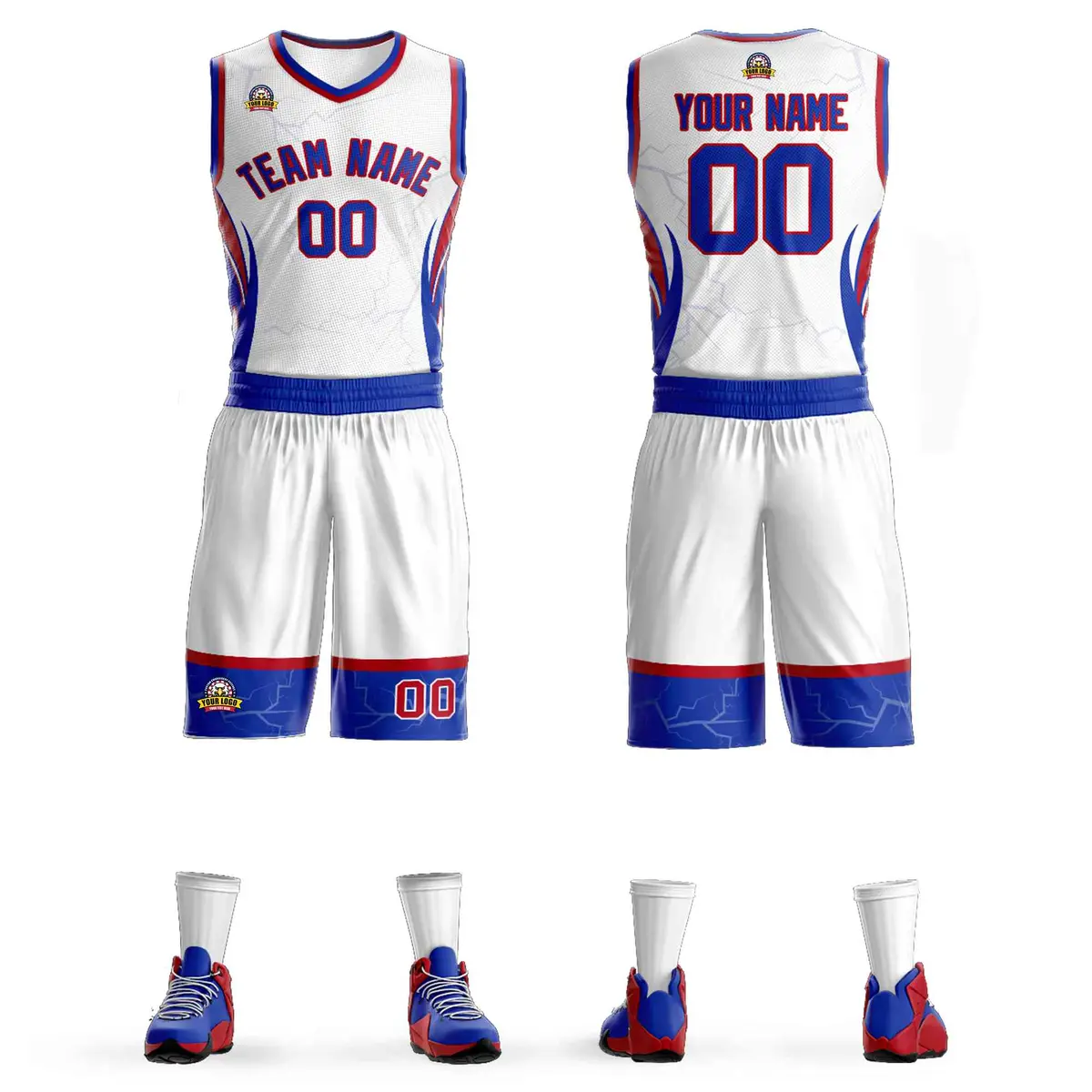 White Royal Red Graffiti Lightning Basketball Jersey