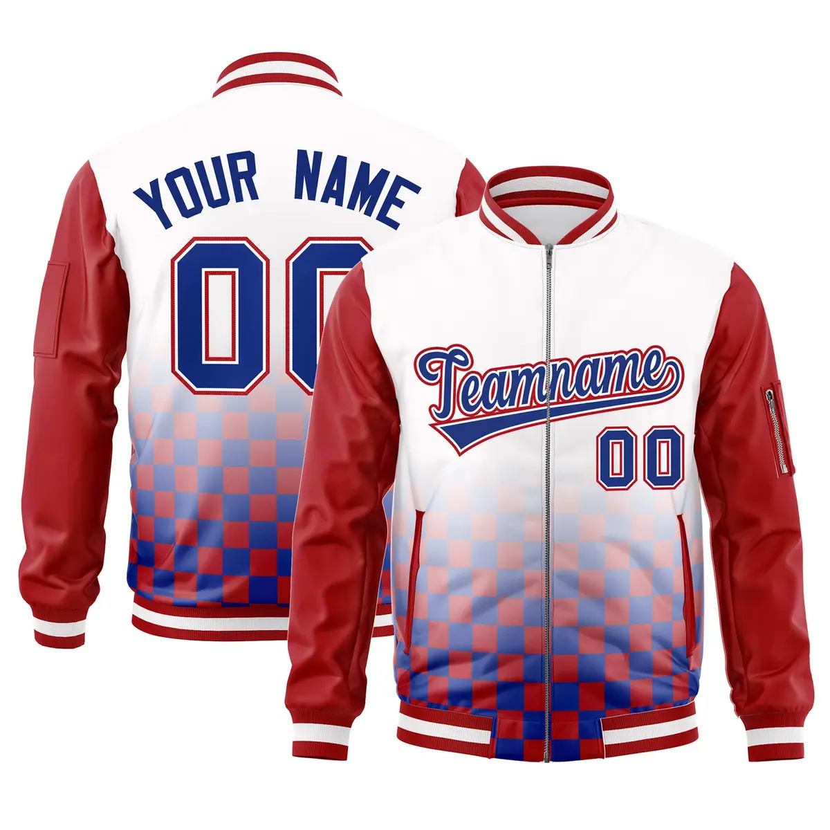 White Royal-Red Grid Color Block Letterman Raglan Jacket