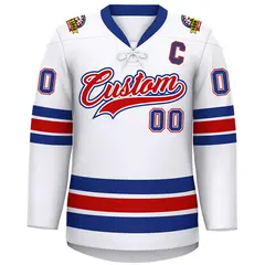 White Royal-Red Lace-Up Neck Hockey Jersey 3