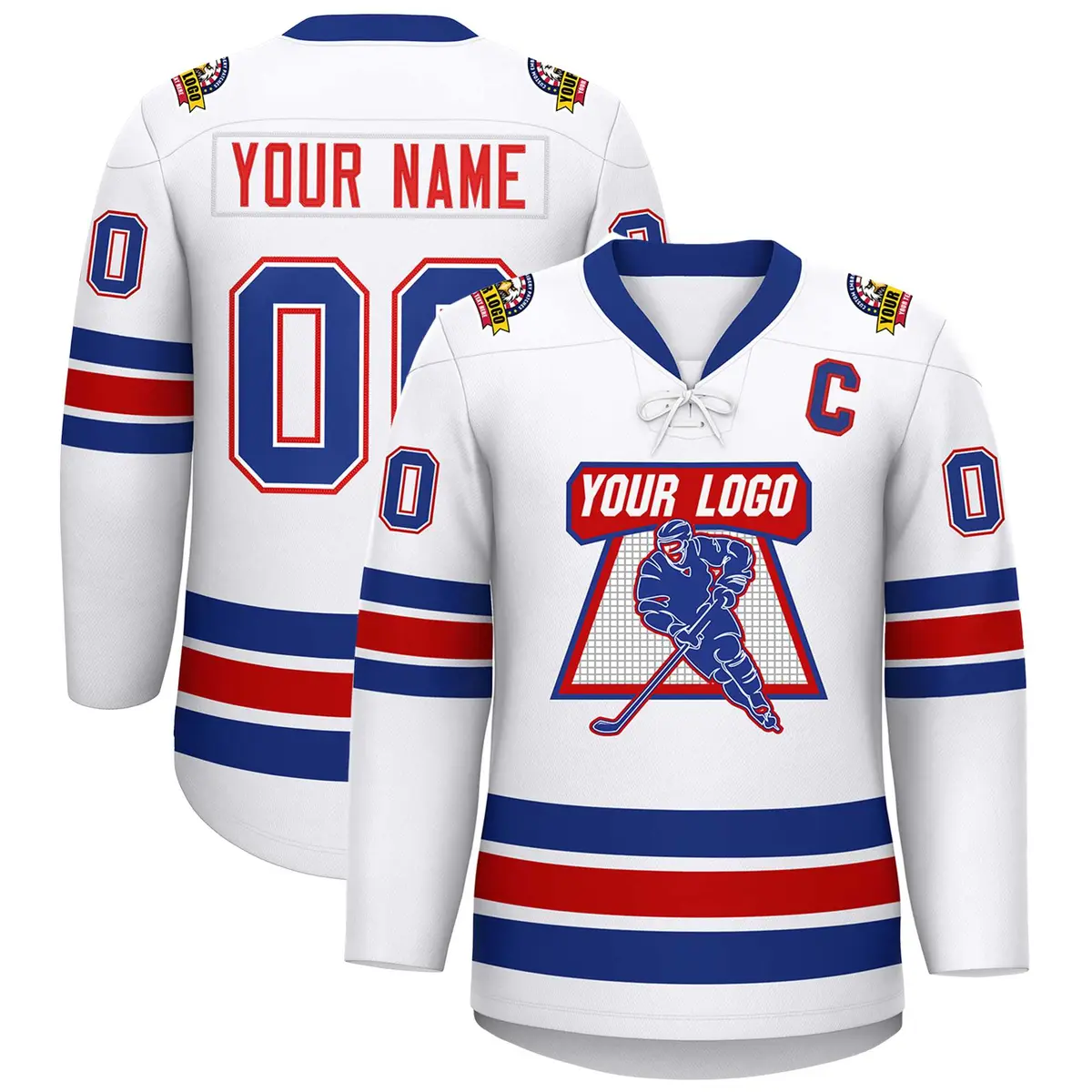 White Royal-Red Lace-Up Neck Hockey Jersey