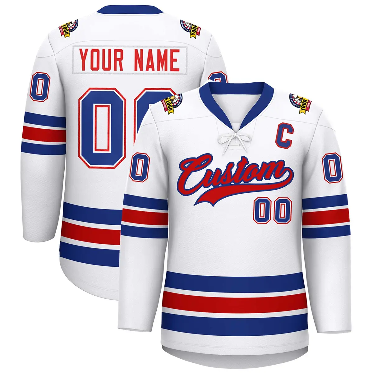 White Royal-Red Lace-Up Neck Hockey Jersey