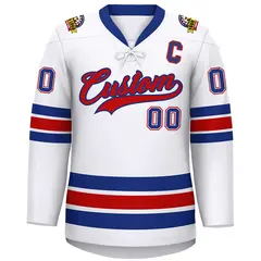 White Royal-Red Lace-Up Neck Hockey Jersey 3