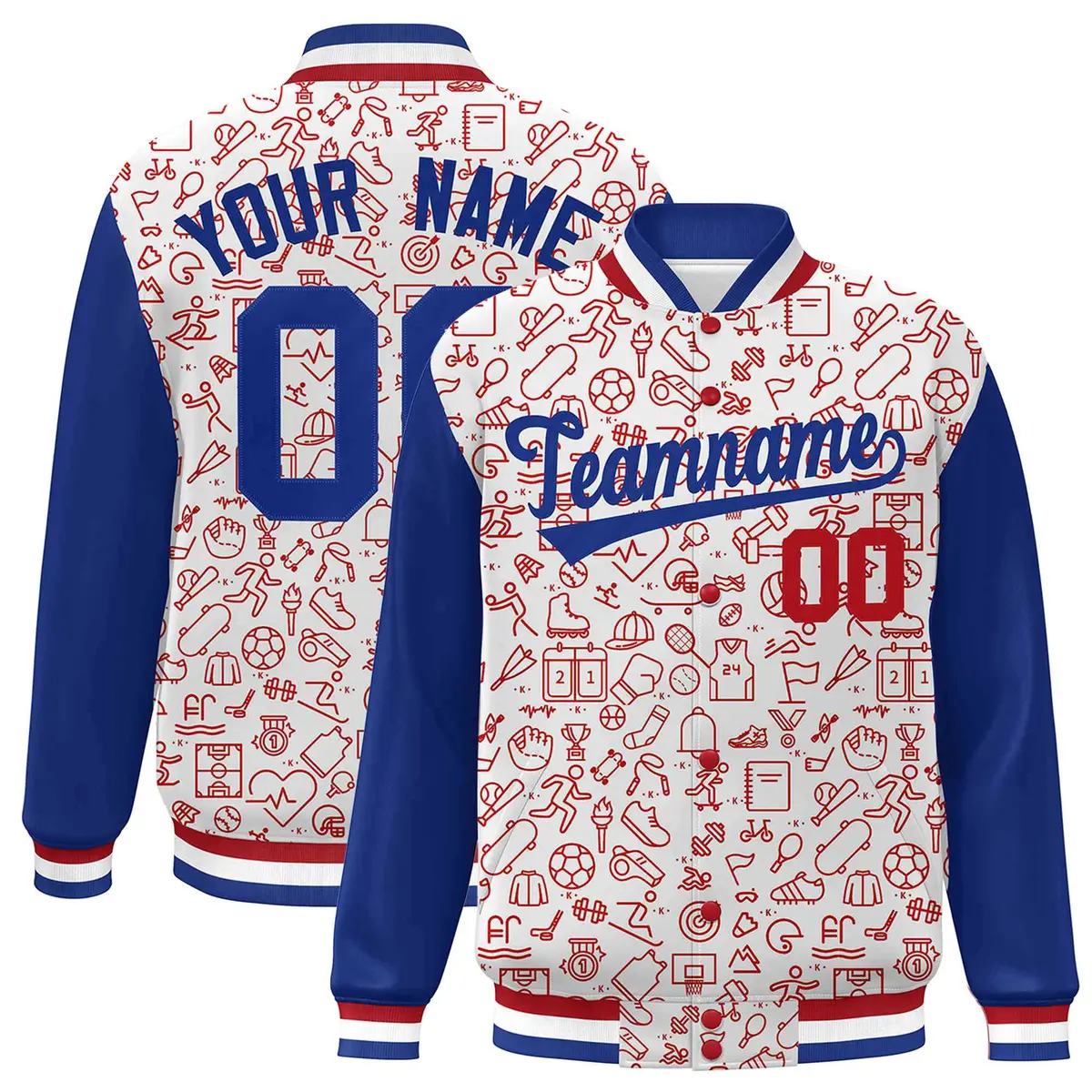White Royal-Red Line Graffiti Raglan Varsity Letterman Jacket