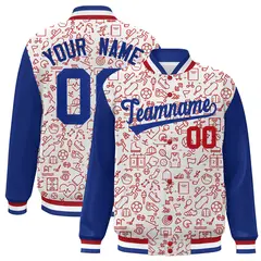 White Royal-Red Line Graffiti Raglan Varsity Letterman Jacket
