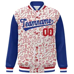 White Royal-Red Line Graffiti Raglan Varsity Letterman Jacket 3