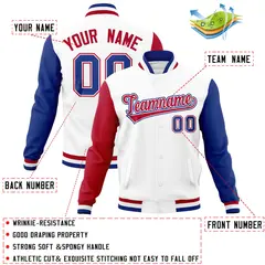 White Royal-Red Raglan Full-Snap Varsity Letterman Jacket 4