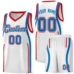 White Royal-Red Ribbon Pattern Basketball Kits 1