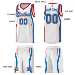 White Royal-Red Ribbon Pattern Basketball Kits 5