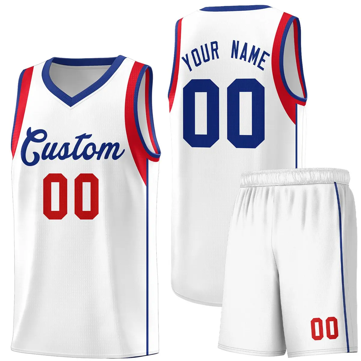 White Royal-Red Sleeve Color Block Classic Basketball Jersey