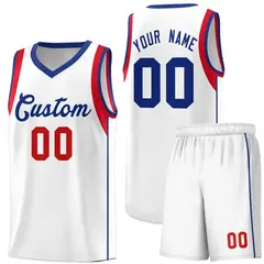 White Royal-Red Sleeve Color Block Classic Basketball Jersey 1