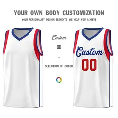 White Royal-Red Sleeve Color Block Classic Basketball Jersey 3
