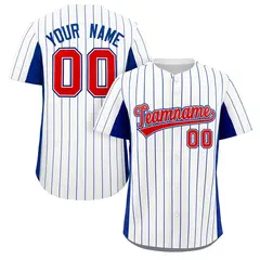 White Royal-Red Stripe Full Button Authentic Baseball Jersey