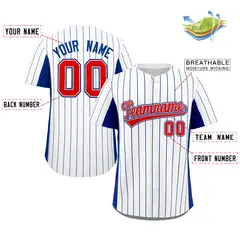 White Royal-Red Stripe Full Button Authentic Baseball Jersey 2