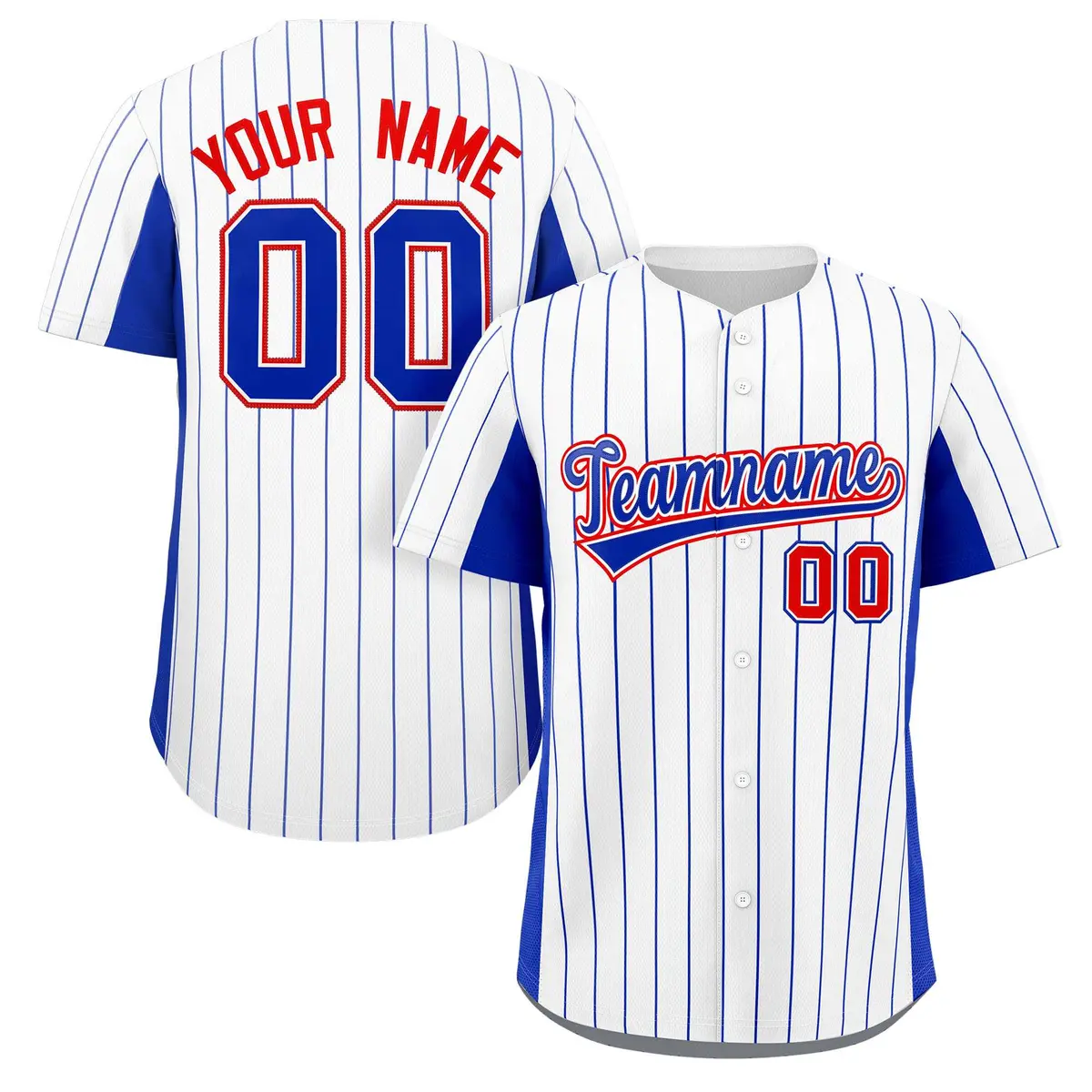 White Royal-Red Stripe Full Button Authentic Baseball Jersey