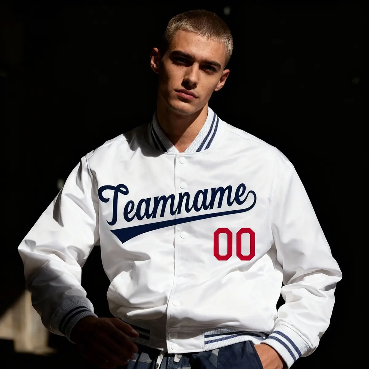 White Royal-Red Varsity Full-Snap Letterman Jacket