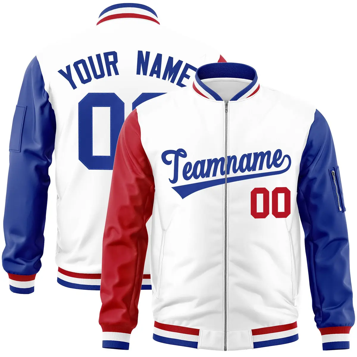 White Royal-Red Varsity Raglan Full-Zip Letterman Bomber Jacket