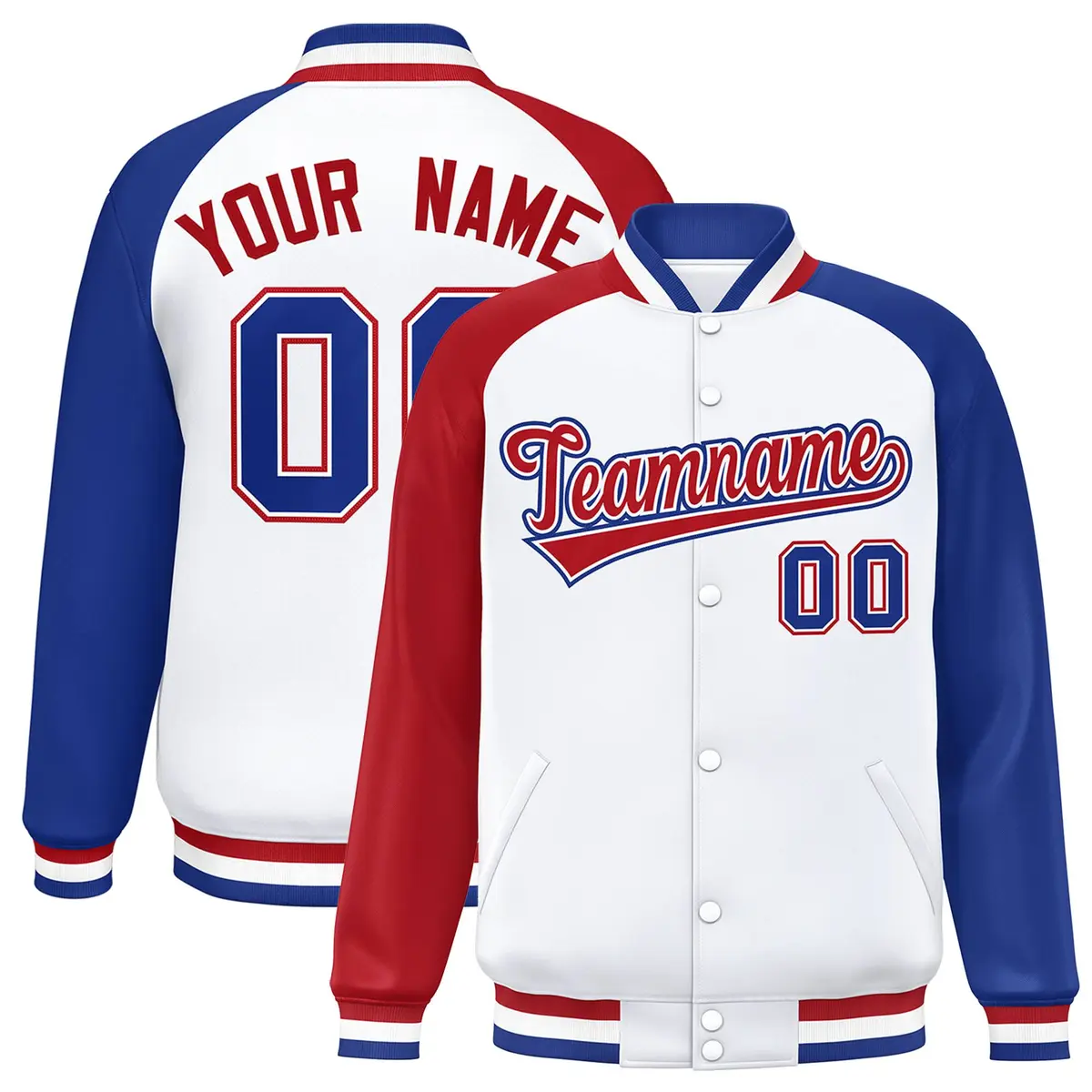 White Royal-Red Varsity Raglan Letterman Bomber Jacket
