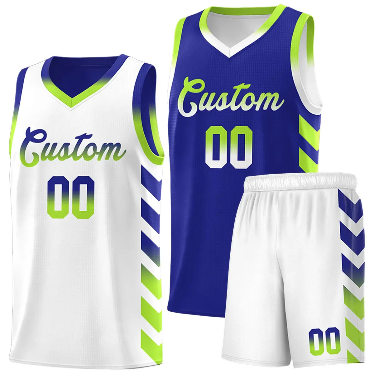 White Royal Reversible Basketball Kits - Side Arrow Royal Neon Green Gradient