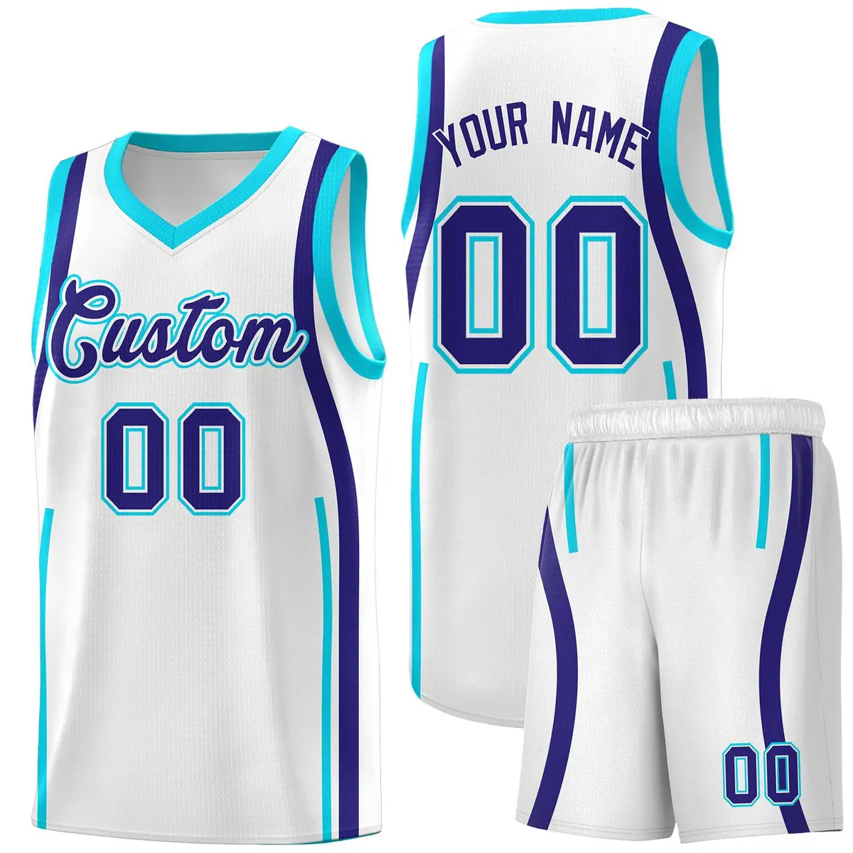 White Royal-Sky Blue Ribbon Pattern Basketball Kits
